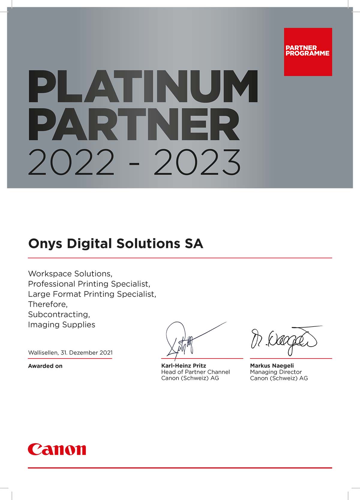 Certificato platinum parner